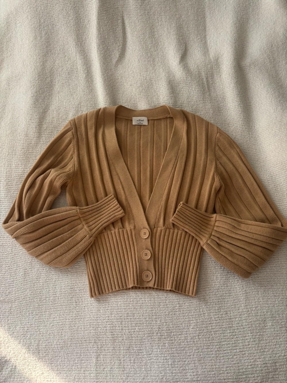 Aritzia Camel Ribbed V-Neck Cropped Cardigan